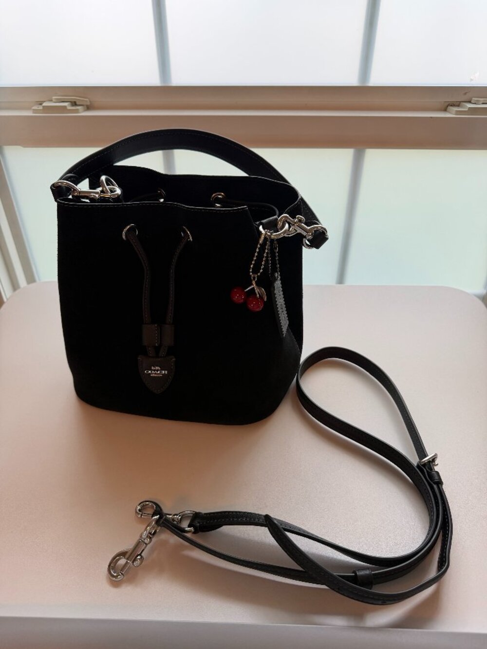 SOLD OUT RARE Coach Rowan Suede Bucket Bag - Black/Silver + Cherry Charm